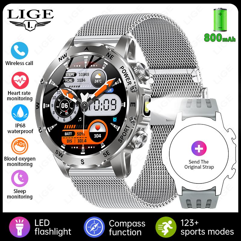 800mAh Large Battery Durable Adult Smart Watch Compass LED Flashlight IP68 BT Call Heart Rate 100+ Sports Smartwatch Men