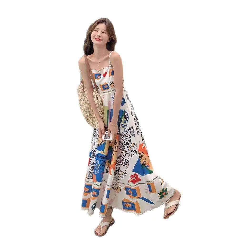 Retro Ethnic Style Oil Painting Graffiti Printing Suspender Dress Women's Summer New Style Niche Seaside Long Skirt