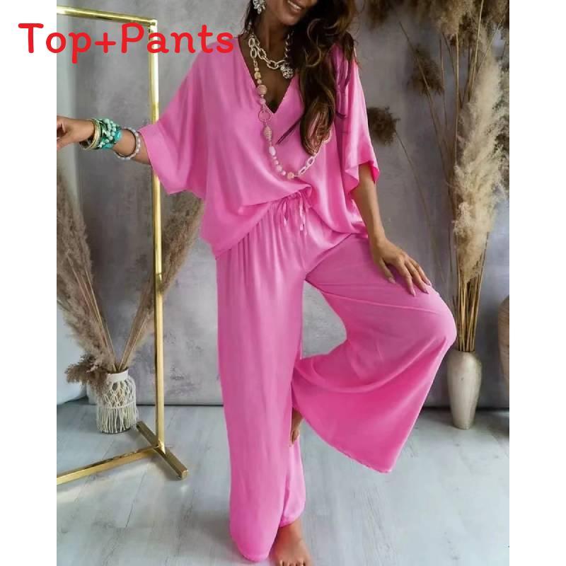 Relaxed Fit Womens V Neck Batwing Sleeve Pantsuit With Tie Detail For Casual Summer Wear