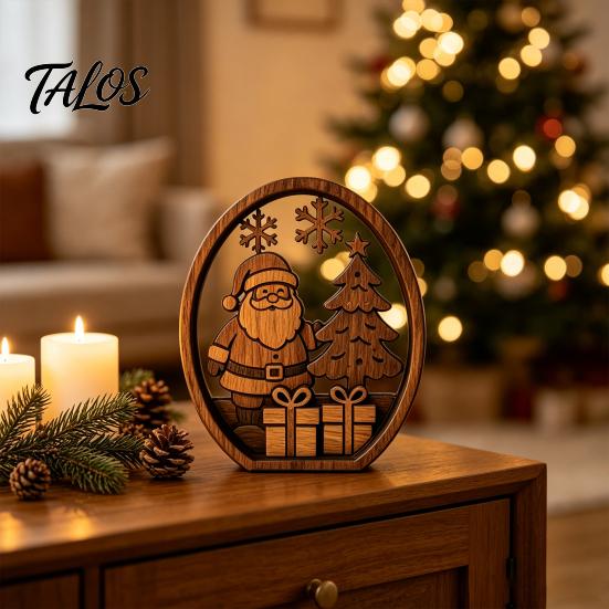 Boxwood Christmas Ornaments 3Pcs Santa Claus And Tree Ornaments, Wooden Oval Table Rustic Xmas Tabletop Decor Centerpiece, Solid Wood Desktop Ornament