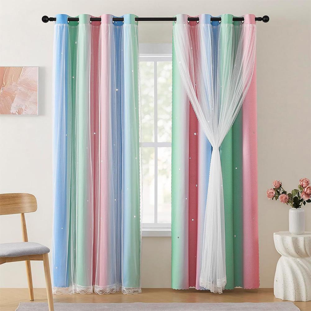 Starry Night Princess Curtains Blackout Sheer Rainbow Gradient Curtain For Girl Bedroom Double Layer Lace Trim 132X160cm W52 L63