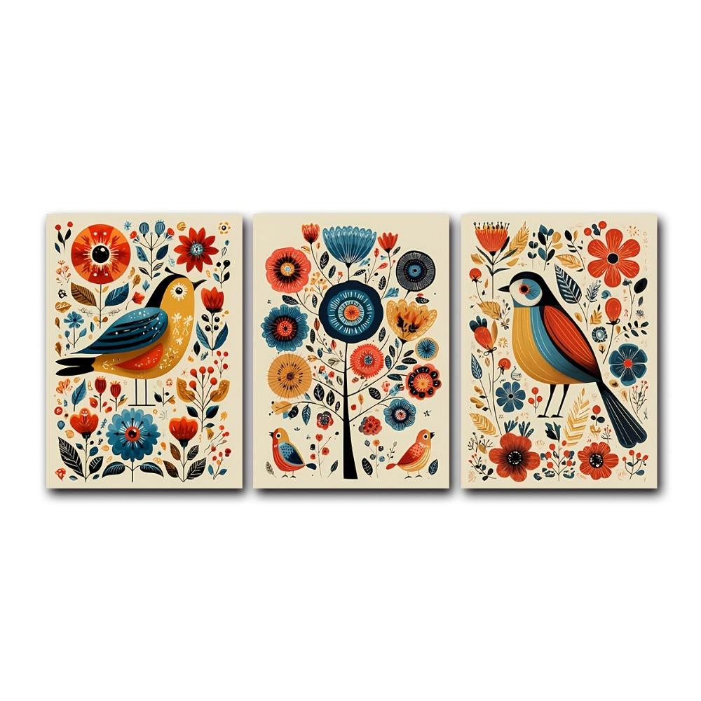3pcs Frameless,Nordic Folk Art Flowers and Birds,Scandinavian Wall Art Cafe Living Room Bedroom Decor,Colorful Folk Bird Posters