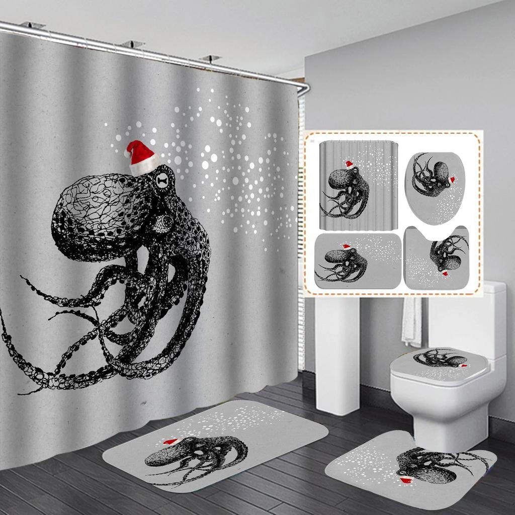 Ocean Monster Octopus Print Shower Curtain Set Waterproof Bathroom Curtain Set With Rugs Toilet Cover Mat For Bathroom Decor