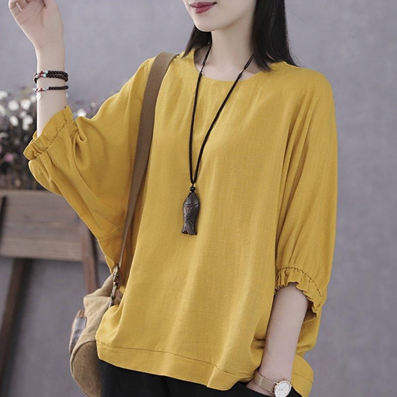 Pullovers Tops Women Solid Color Blouse Oversized Loose Cropped Sleeve Shirt Slim Pullover Tops