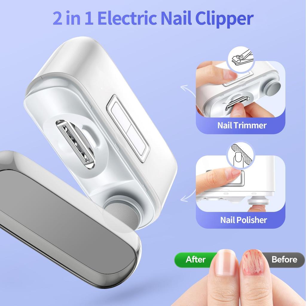 Electric Automatic Nail Clipper with LED Light & 2 Speeds, Fingernail Cutter and Polisher 2 In 1 Design, Nail Scraps Storage Rechargeable Safety