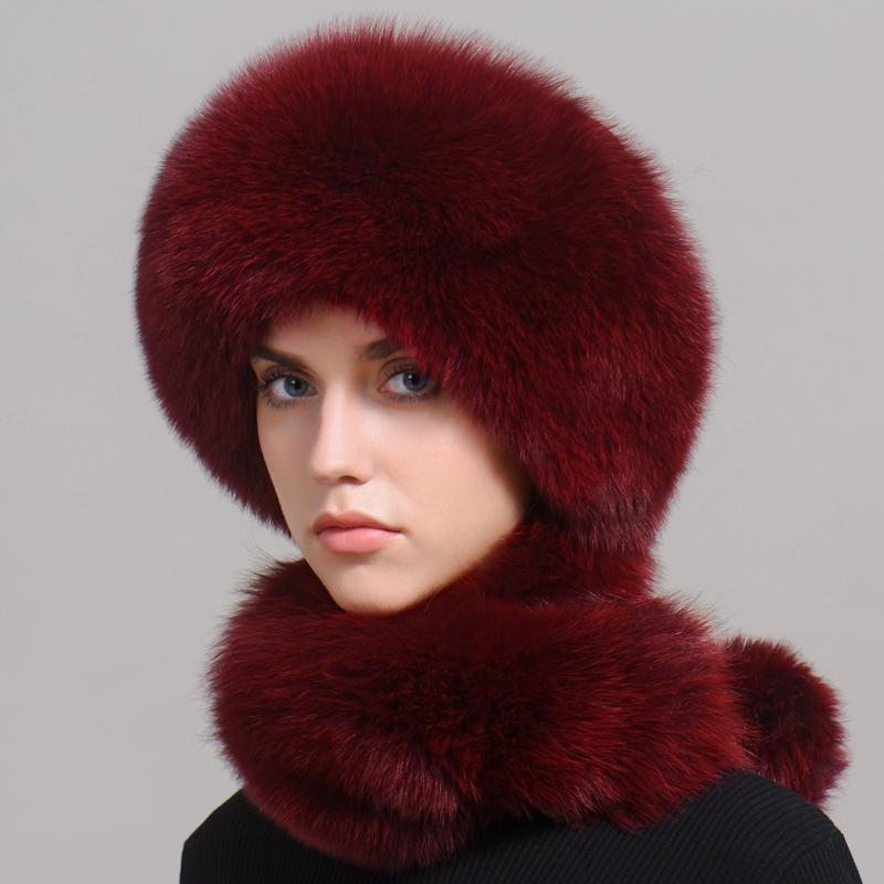 Fuchspelzmütze Damen Winter Mongolische Mütze Schal integrierter Kaninchenfell Ohrenschutz Vollfell Winter Pelzmütze Damen Winter