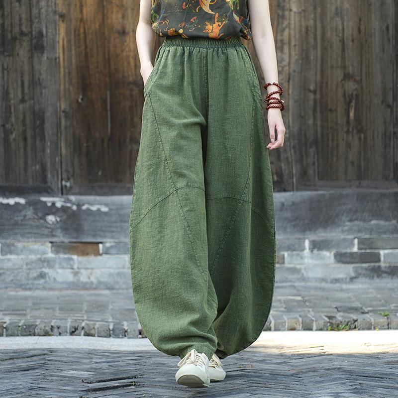 

Literary Retro Cotton and Linen Pants Spring and Autumn Cotton Carrot Pants Elastic Waist Zen Harem Pants Women S зелений