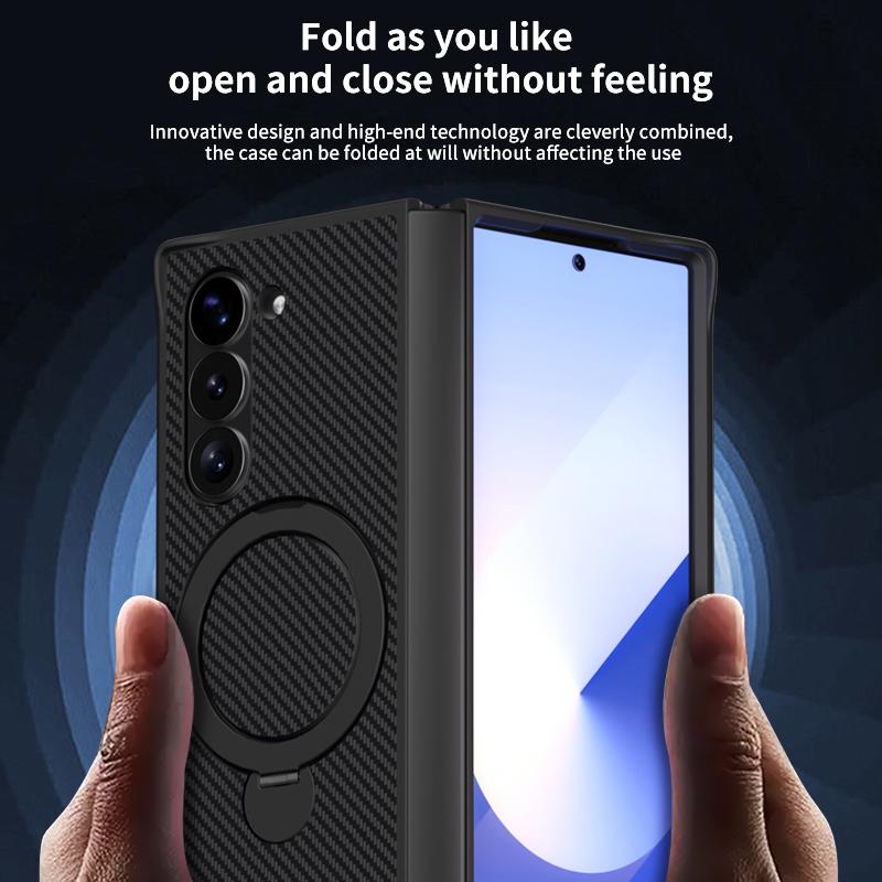 Carbon Fiber Leather Rotating Ring Bracket Phone Case for Samsung Galaxy Z Fold 6 5 4 Fold6 Fold5 Fold Protective Cover