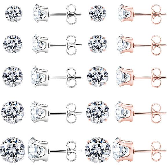 10 Pairs Stud Earrings for Men Women Hypoallergenic Stainless Steel Earrings Studs Clear Round CZ Earring Studs Cartilage Helix Tragus Earring Set