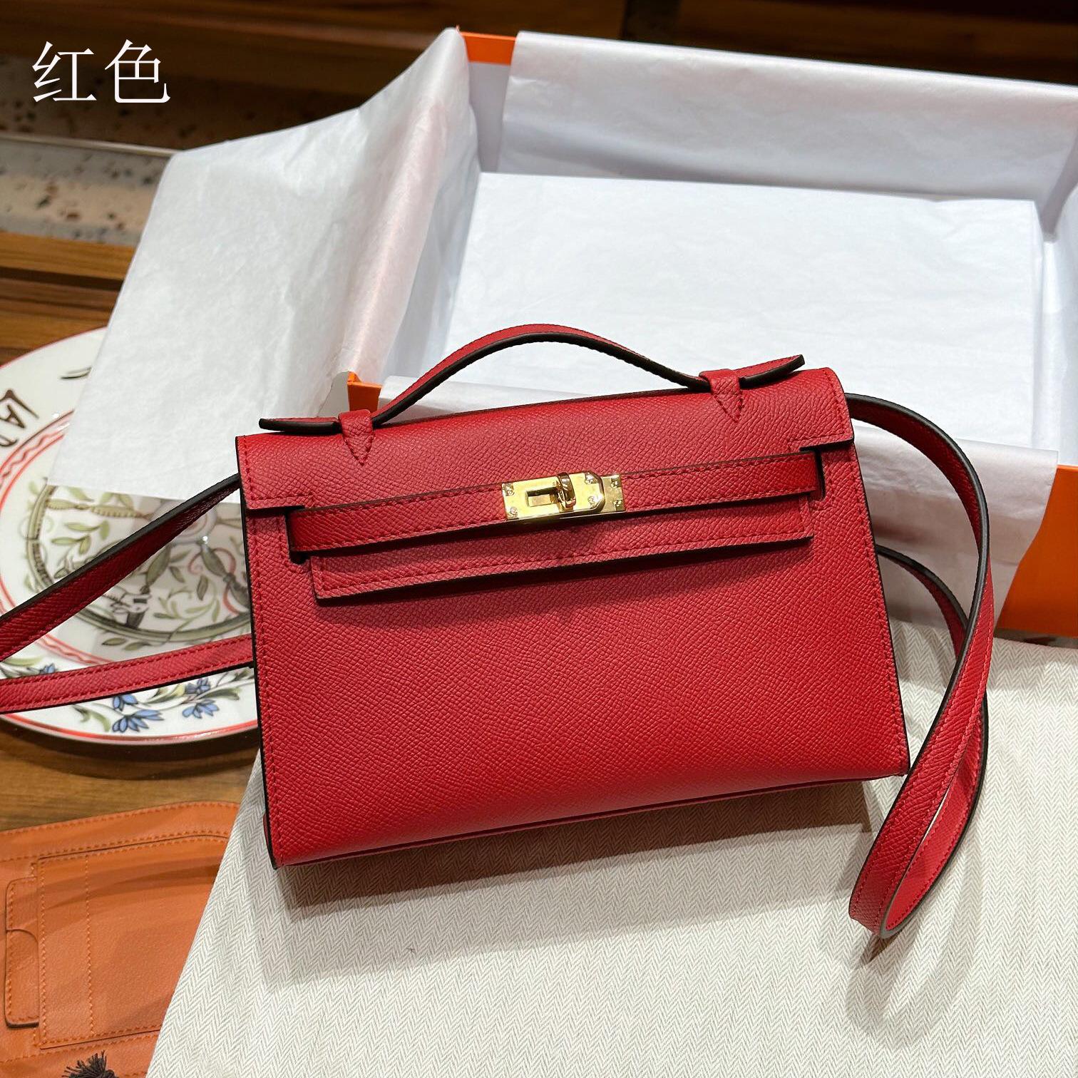 Sweet Rose Kelli generatie palmbladpatroon leren tas nieuwe Kelli tas draagbare schoudertas kleine vierkante tas Internetberoemdheid dezelfde textuur damestas 22cm*13cm*7cm rood