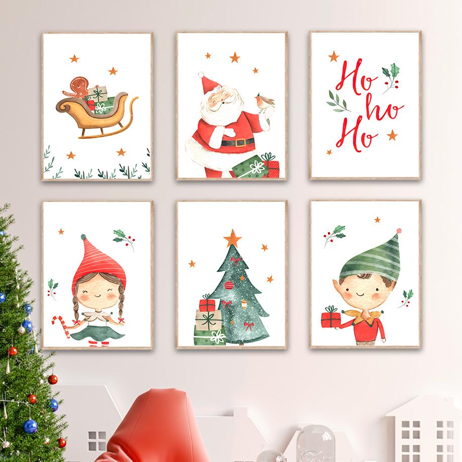 

Christmas Tree Santa Gift Bird Winter Wall Canvas Painting Posters and Prints Pictures for Kids Room