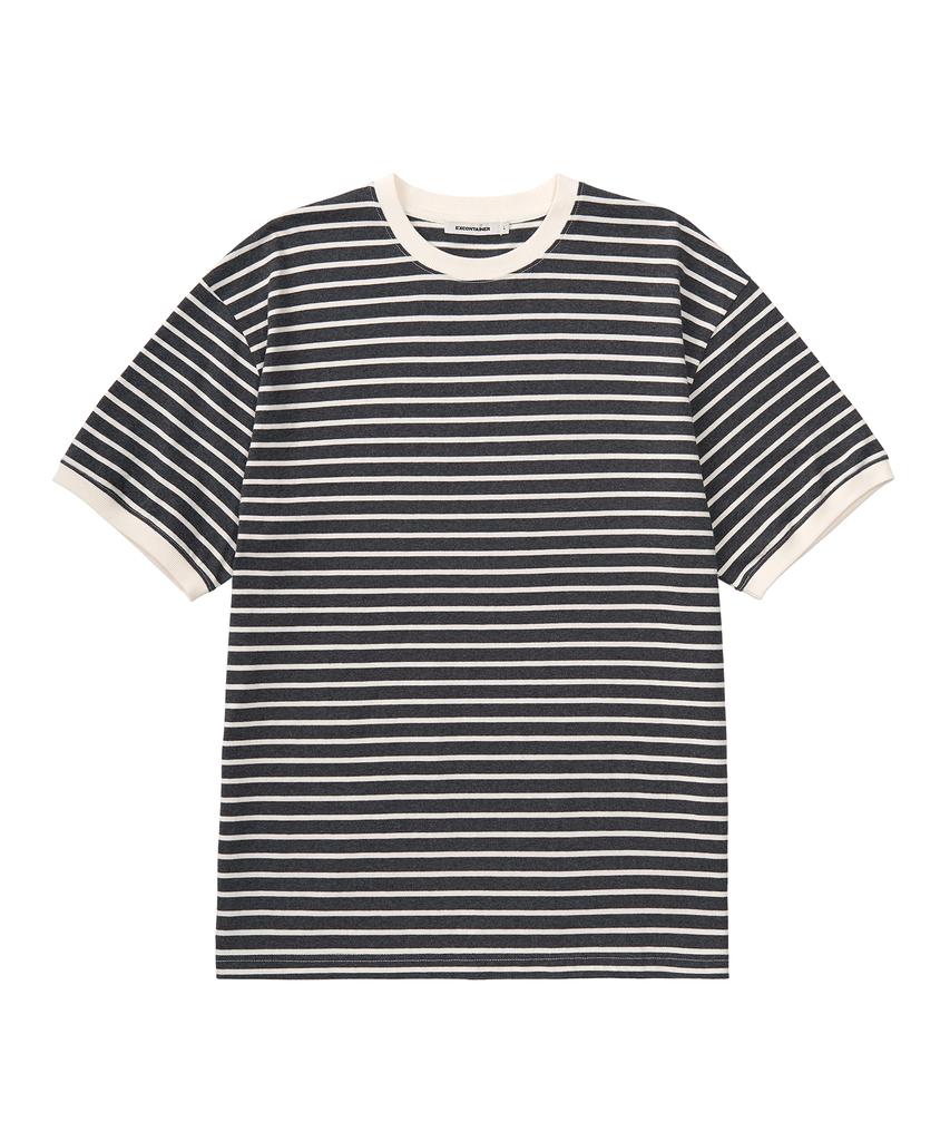 EXCONTAINER Ribbed Stripe Half Ringer T-Shirt (Cream Grey)
