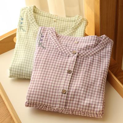 Spring Cotton Double-layer Cotton Yarn Women's Long-sleeved Small Fresh Round Neck Plaid Can Be Worn Outside Home Nightgown