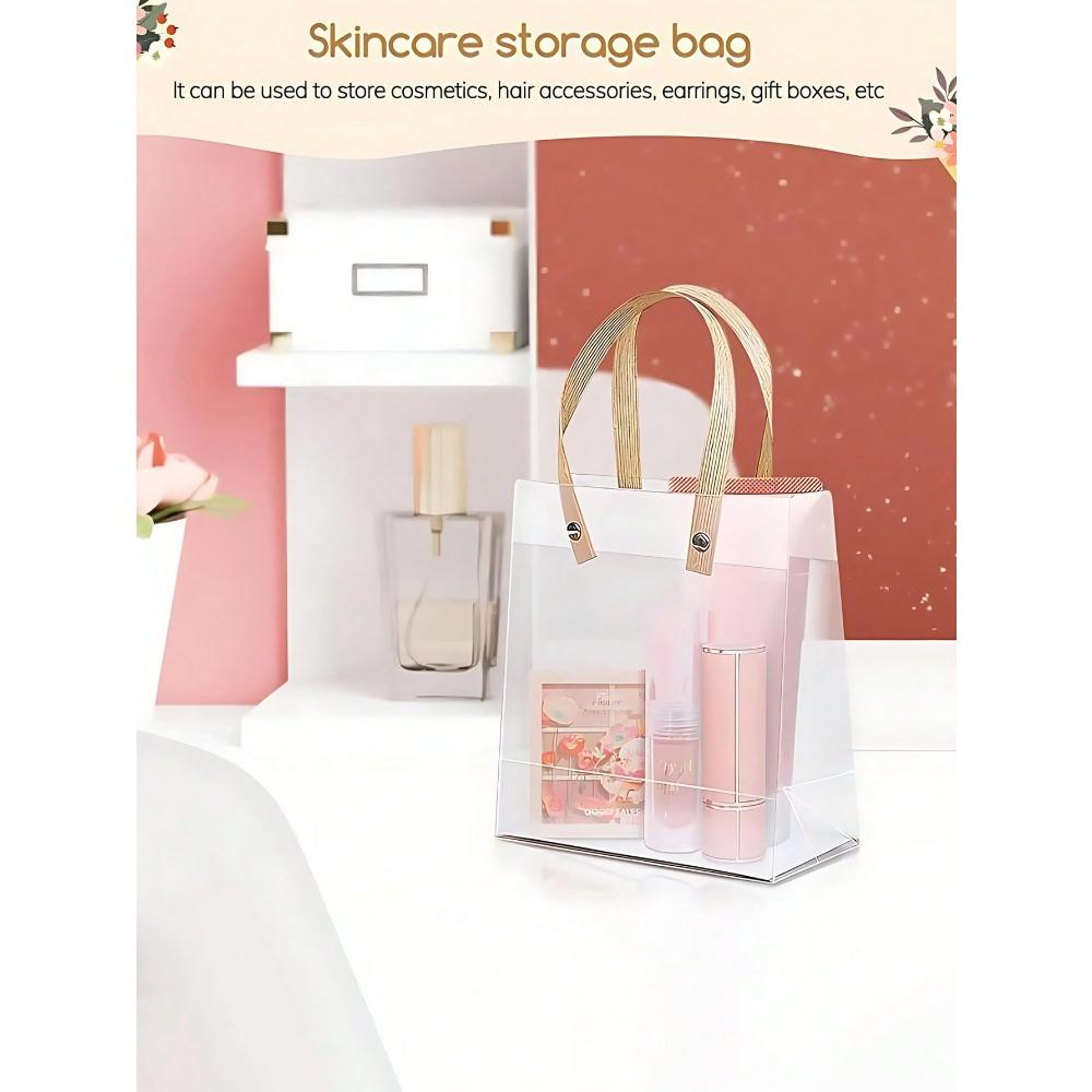 1pc Transparent Gift Bags with Handles, Reusable Plastic Bags with Brown Straw Handles, Translucent Frosted Gift Bags for Valentine's Day