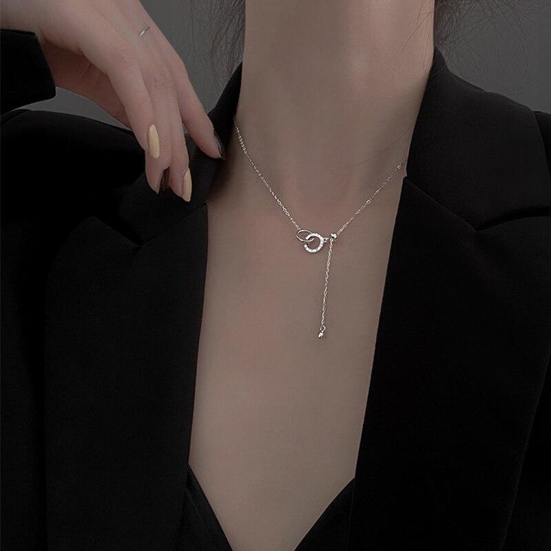 925 Sterling Silber Doppel Kreis Quaste verstellbare Anhänger Halskette weibliche dünne Kette zierlicher Schmuck
