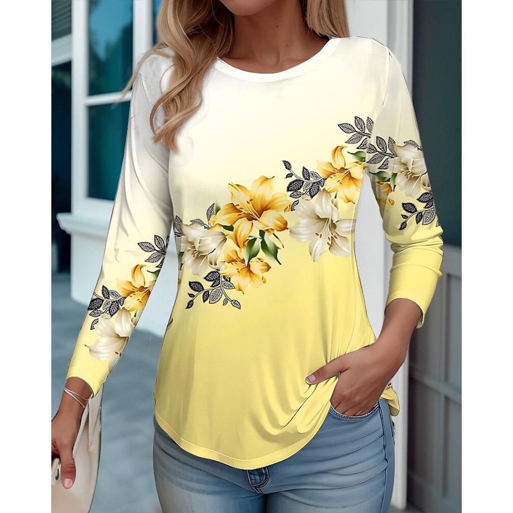 Frühlings- und Herbst-Rundhals-T-Shirts mit 3D-Blumenprint, modische, lässige Damen-Langarm-T-Shirts
