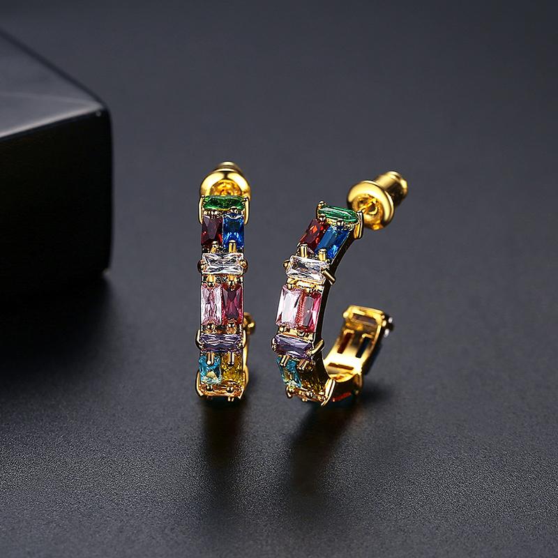 LUOTEEMI Fashion Colored Rectangular High Quality Zircon Earrings Cubic Zirconia C Shape Party European Woman Luxury  Earring