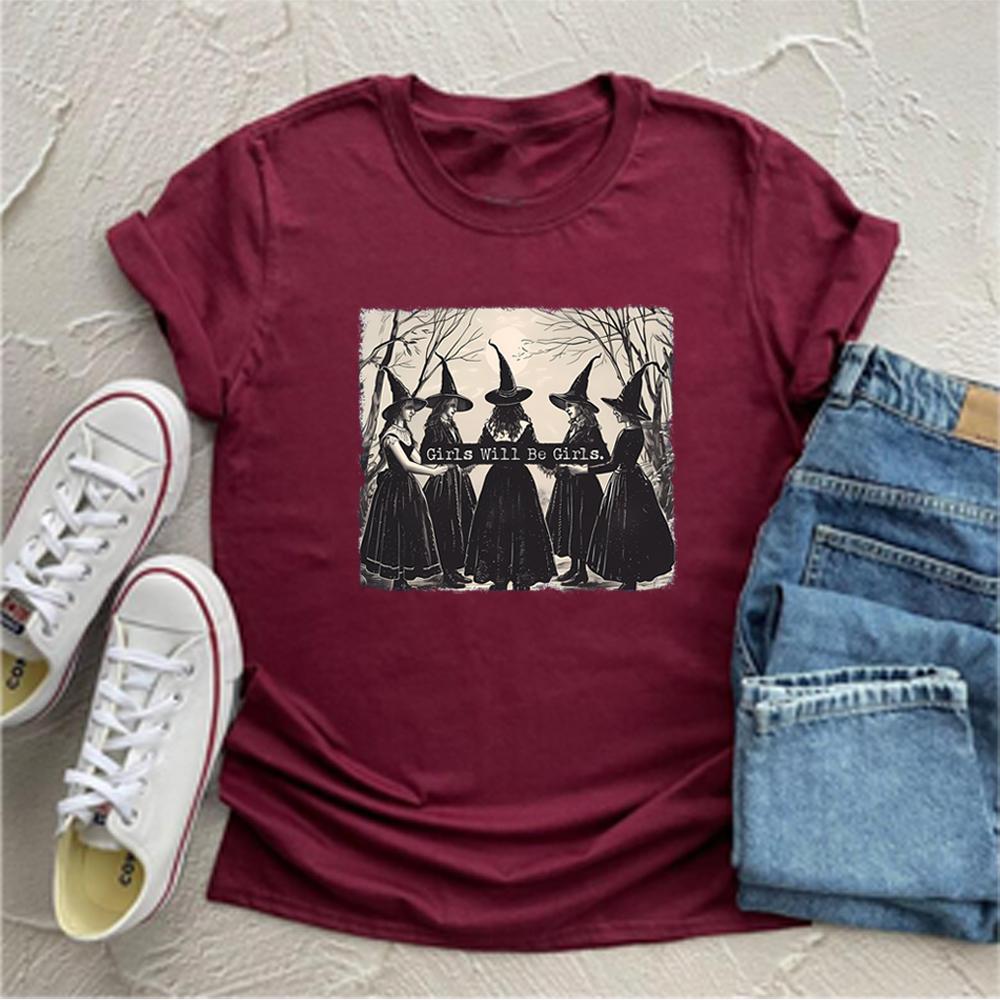 Vintage Girls Will Be Girls Witch Shirt Funny Witch Shirts Tees Halloween Women Clothes Witchy Vibes Graphic T Shirts