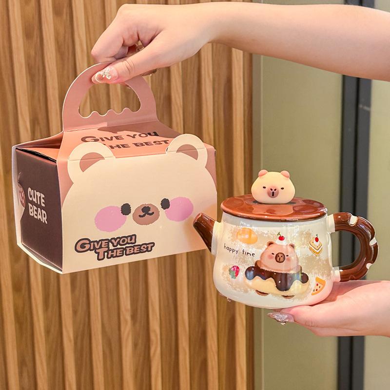 ins high-value cute kapibara kettle boy and girl couple ceramic mug with lid spoon birthday gift