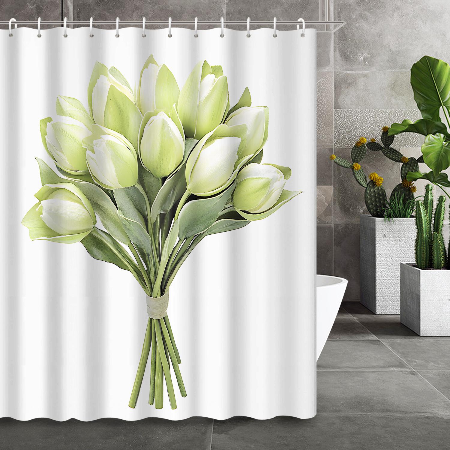 

Green Fresh Floral Bouquet Shower Curtain, 12 Hooks Included, Stylish Bathroom Decor & Home Decoration W60H190(CM)-1 Pcs