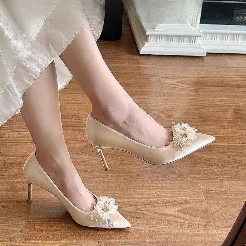 Fashion Stiletto Single Shoes Autumn New Pointed Toe Shallow Mouth Flower Slip-on Non-Slip Wear-Resistant High Heels
