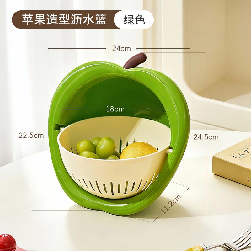

1pcs Drainage Basket Apple Shape Living Room Double-layer Fruit Basket Washbasin High Appearance Level Kitchen Storage Tools зелений