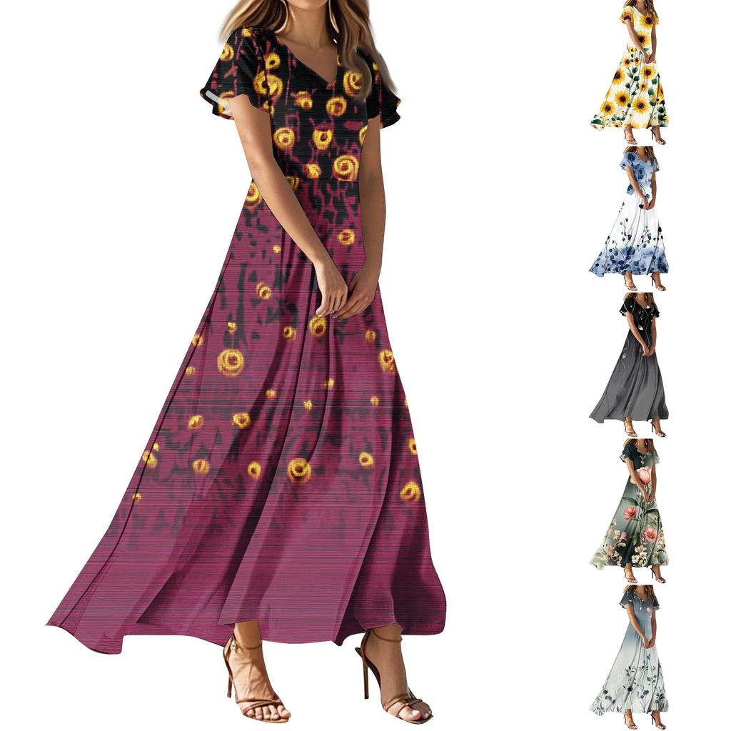 Women's Casual Fashion Print Long Dresses V-Neck Short Sleeve Dresses