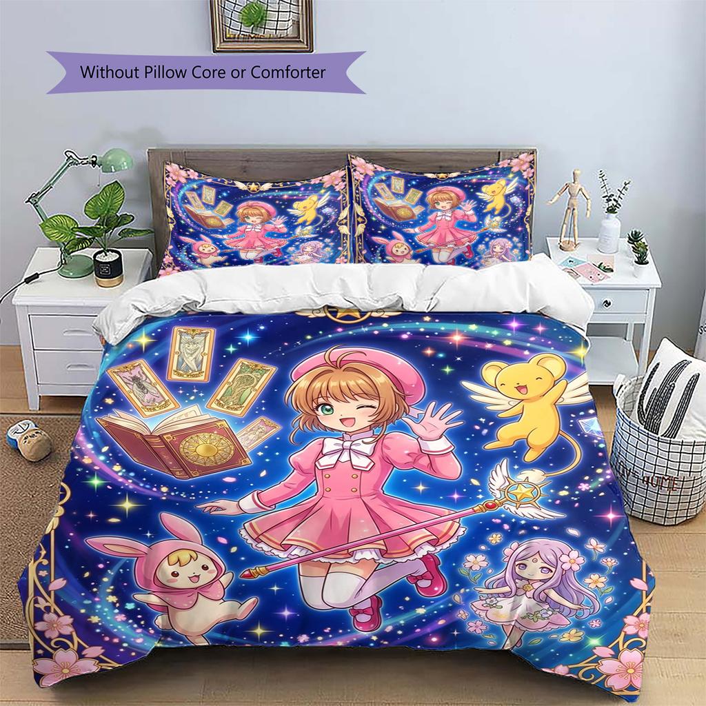 Cardcaptor Sakura Pattern Bedding Quilt Set Quilt Cover Pillowcase Home Decoration Birthday Gift (1 * Duvet Cover + 2 * Pillowcase, Without Core)