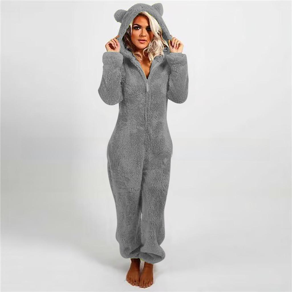 2024 Trendy European/American Fleece-Lined Hooded Jumpsuit Pajamas for Women - 22 Colors Available