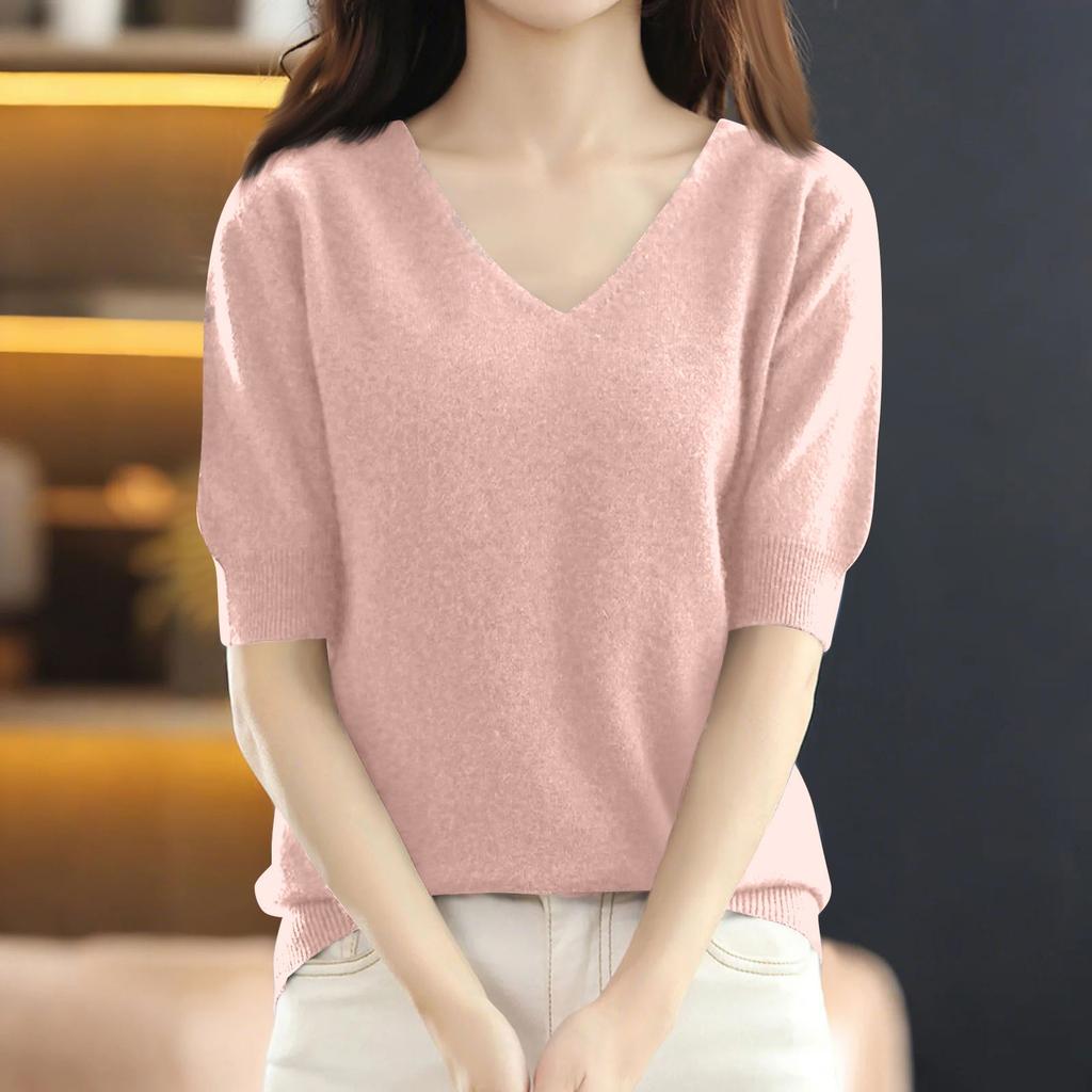 Women's Fashion Loose Knit Sweater Bottom Shirt V-Neck Pullover Sleeves Solid Color Top