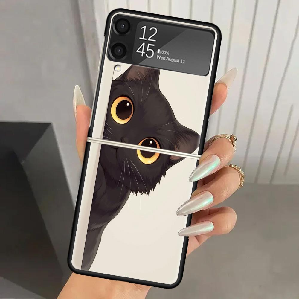 Cat Cute Kitten Cartoon Hard PC Phone Case For Samsung Galaxy Z Flip 7 6 5 4 3 Black ZFlip7 ZFlip6 Flip5 Flip4 Flip3 5G Print Co