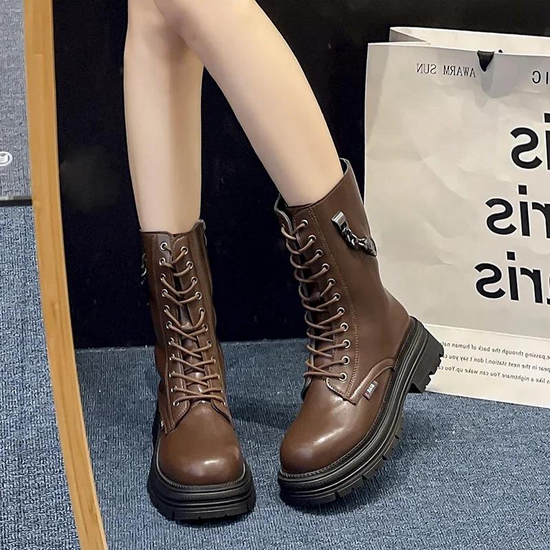 Fashion Ladies Shoes 2024 High Quality Side Zipper Women's Boots Fashion Cross Lacing Office and Career New The Chain Mid-Calf Boots