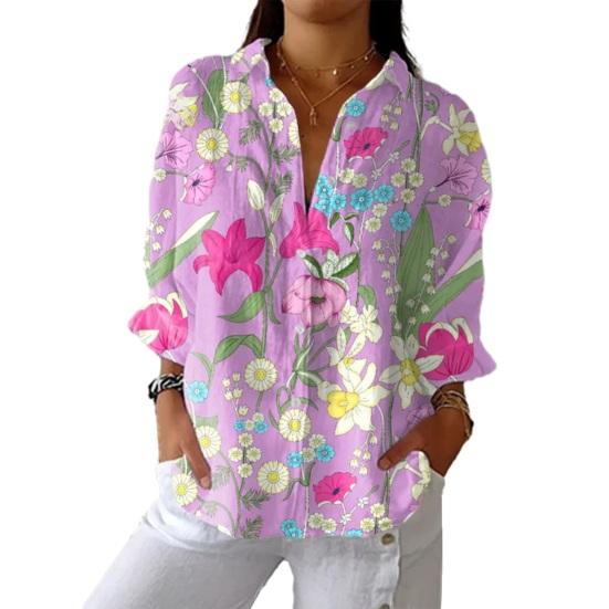 

Women Shirt Lapel Long Sleeve Buttons Placket Shirt Tops Loose Fit Mid-length Summer Floral Shirt Lightweight Casual Tops S F