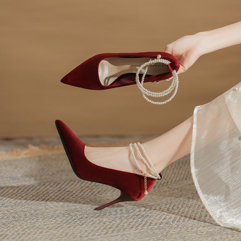 Fashion pearl chain elegant temperament sexy feminine women's new thin heel high heel women's single shoes