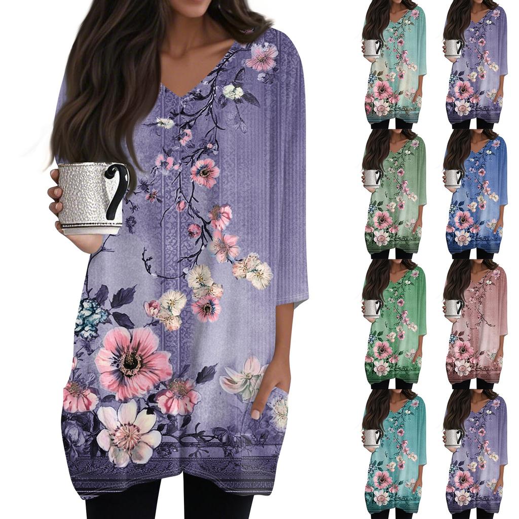 Dámský ležérní top s výstřihem do V a 3/4 rukávy s vintage květinovým potiskem