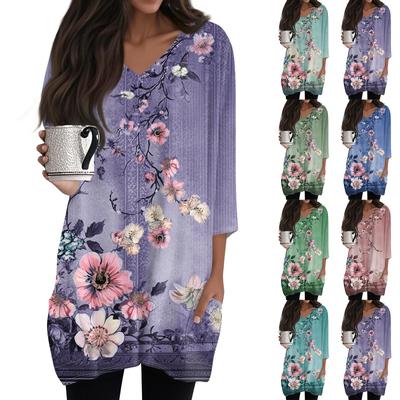 Women's Casual V-neck 3/4 Sleeve Vintage Floral Print Top