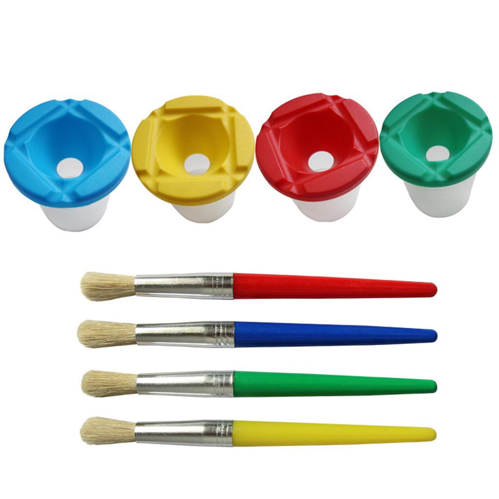 

Spill Proof Paint Cups 4pcs Non Spill Paint Cup + 4pcs Paint Bristle Brush Assor