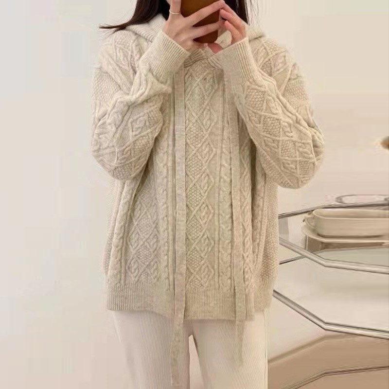 Hooded geometric twist lazy wind pullover sweater autumn and winter new large size thick knitted sweater women