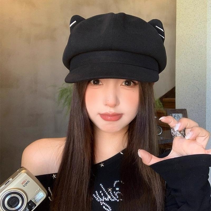 Boina de gato fofa de lã japonesa feminina versátil para primavera e outono chapéu de jornaleiro bico de pato chapéu octogonal moda