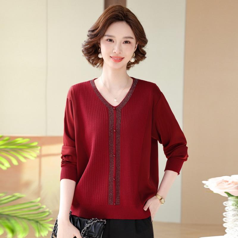 Middle-aged and Old Women's Casual Bottoming Shirt, Mother's Spring Fashion Shirt, Solid Color Noble Collar, Large Size Thin Knitted Sweater