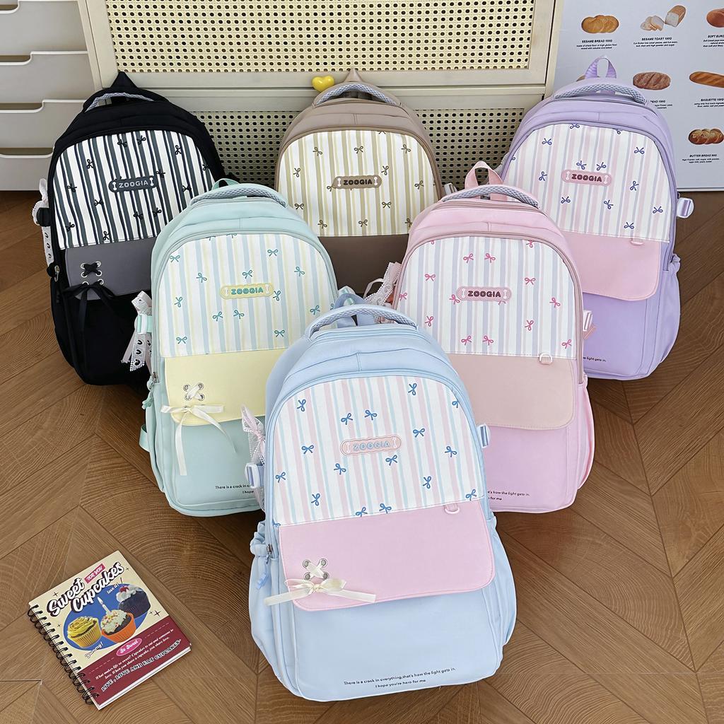 Schoolbag Fresh Striped Bow Backpack Middle School Student Class School Bag Women's Large Capacity Versatile Commuter Backpack