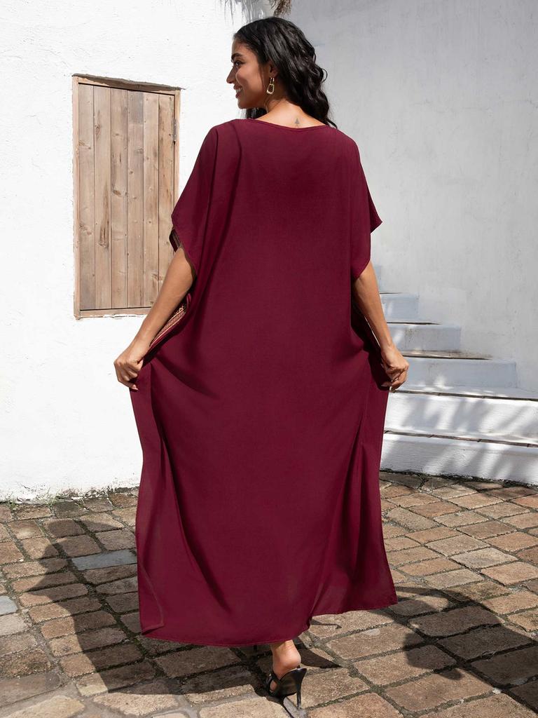 EDOLYNSA Sexy V-Ausschnitt Goldbesticktes Langes Strandkleid, Damen Retro Kaftan Locker Strandbekleidung Urlaub Badeanzug Bikini Cover-up