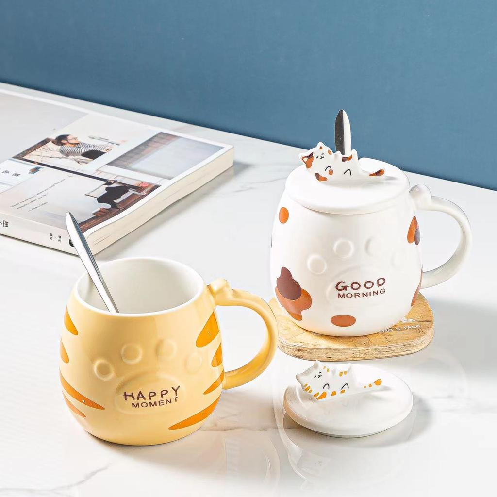 Tasse en céramique Chat avec couvercle et cuillère Petit cadeau d'ouverture Tasse à grande capacité Résistance aux hautes températures Tasse pour couple Fille de dessin animé