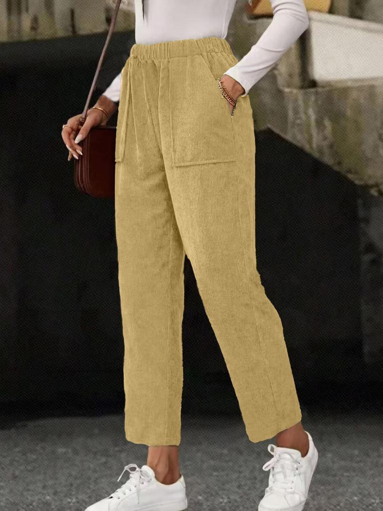 New Fall Women's Clothing Solid Elastic Waist Corduroy Pants Women Straight Leg Casual
