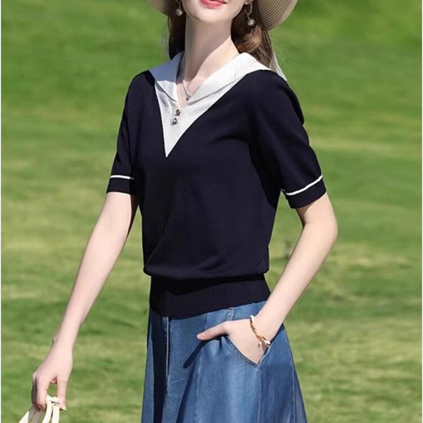 Simple sense of design, commuter summer French contrasting color splicing pullover, fashionable temperament, short-sleeved bottoming shirt