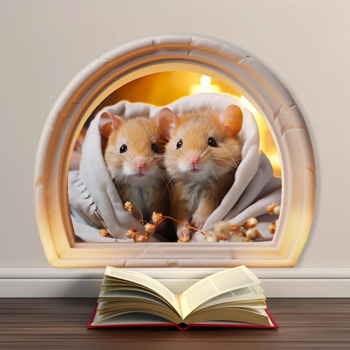 Mouse Hole Decal, Mouse Wall Sticker, Mouse Lover Vinyl Decal, Mice Couple Dressed in Pajamas, Cute Mouse in a Hole, Mouse Bedroom Sticke M845 A-13cm Longest Side