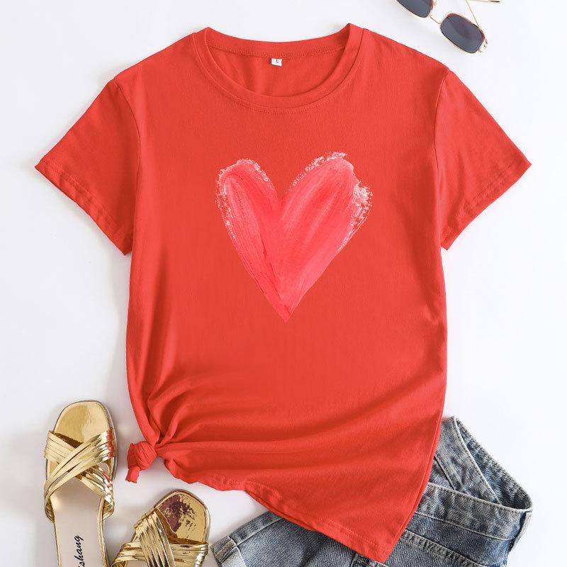 Summer women's plus size heart-shaped printed pure cotton loose round neck short sleeved T-shirts Women's