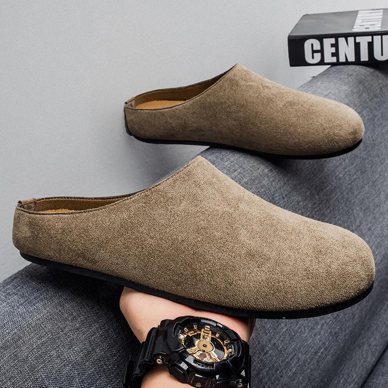 Men's Slippers New Retro Solid Color Flat Bottom Women's Slingback Shoes Closed Toe Round Toe Suede Clogs Sandals Autumn