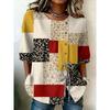 Women's Spring Summer 3D Printed Button Front Drawstring Trendy Patch Blouse, Red Black Geometric Leopard Paisley Print Top