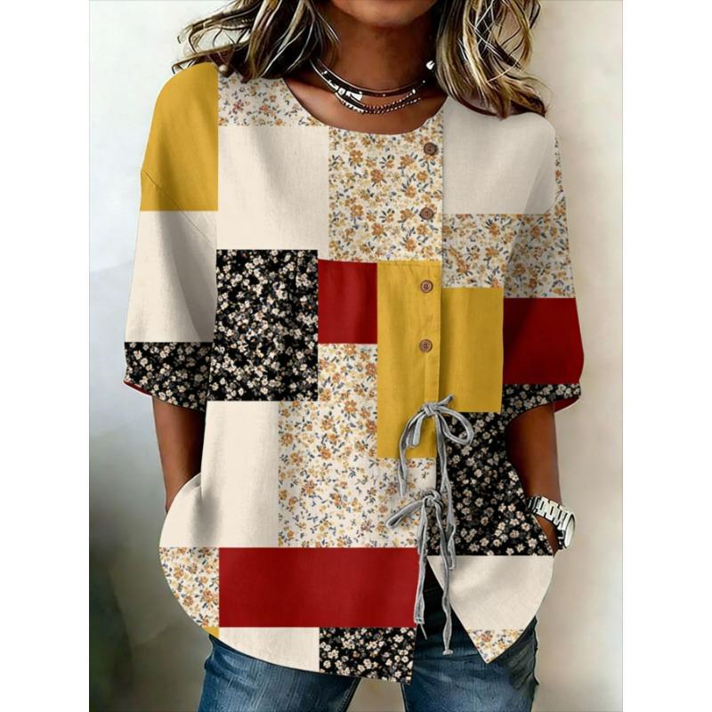 Women's Spring Summer 3D Printed Button Front Drawstring Trendy Patch Blouse, Red Black Geometric Leopard Paisley Print Top